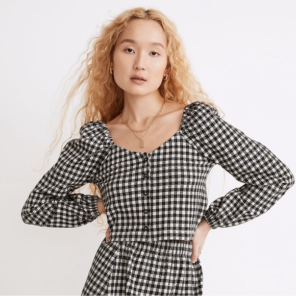 NWT Madewell Gingham Puff-Sleeve Button-Front Crop Top - Picture 8 of 11